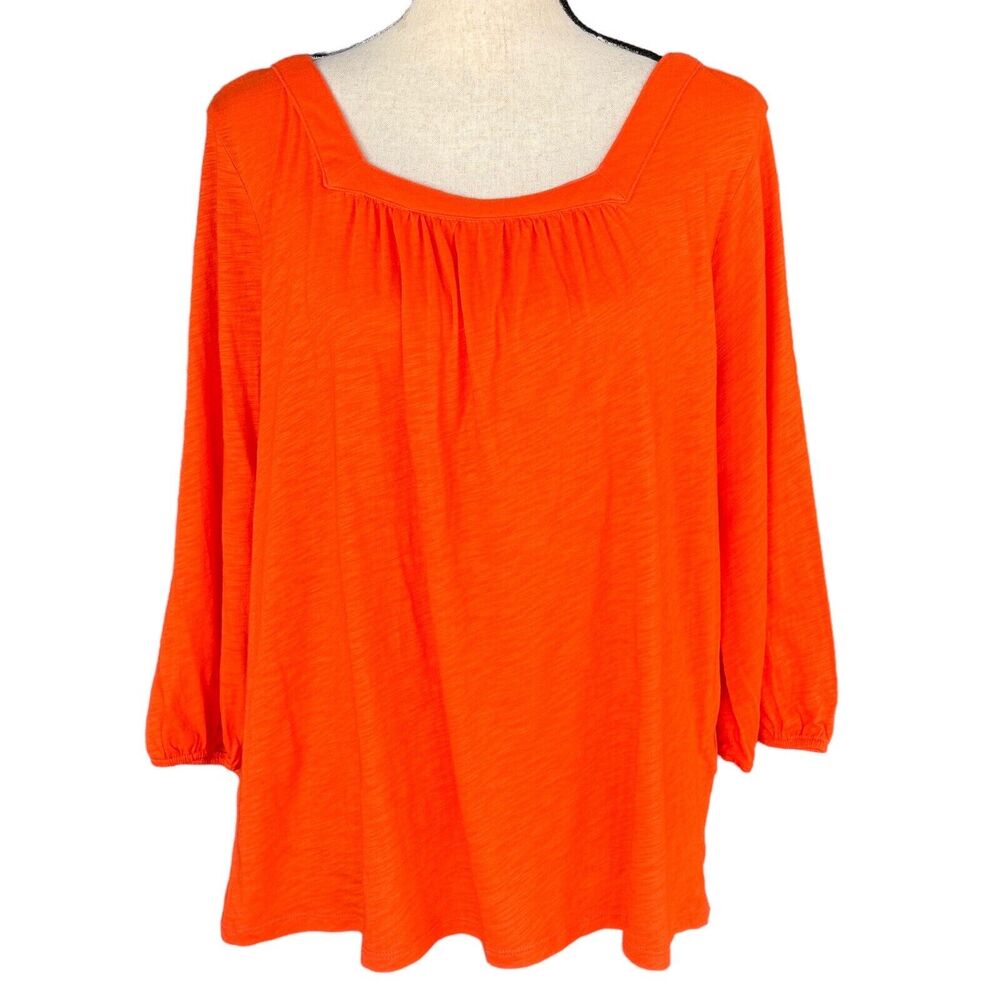 Style & Co 1X-Large Top 3/4 Sleeves Square Pleated Stretch Lightweight Orange